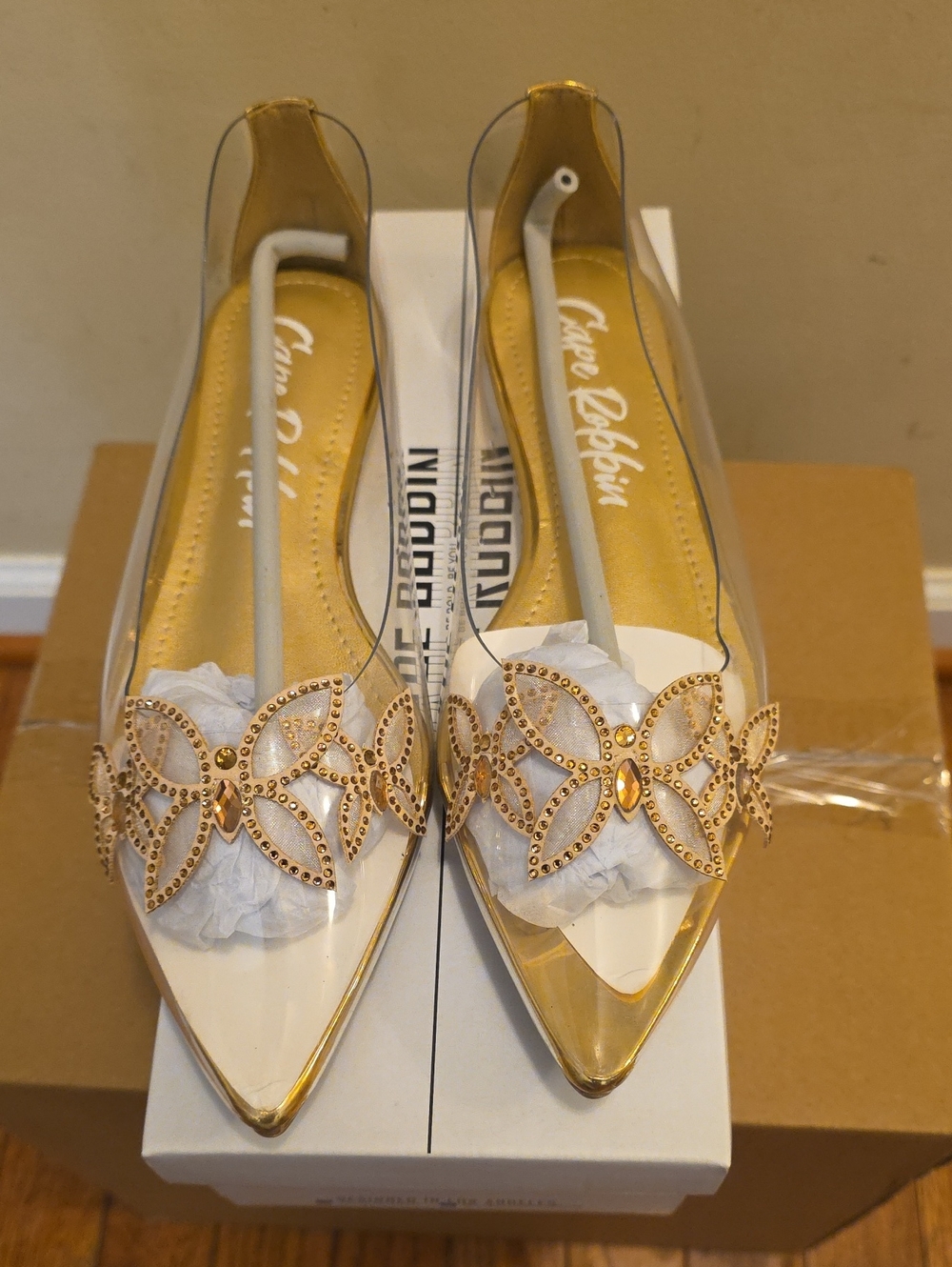 Cape Robbin Clear & Gold Pointed Slingback Flats with Crystal Floral Accent
